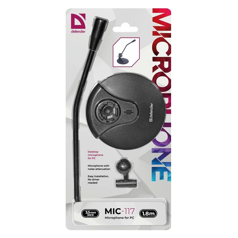 Микрофон компьютерный настольный Игровой стрим DEFENDER MIC-117 кабель 1.8 м черный