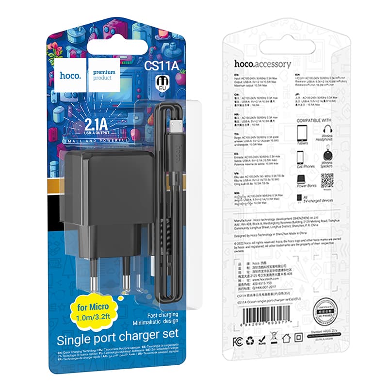 фото Сетевое зарядное устройство + кабель Micro USB HOCO CS11A 1USB 2.1A 1м черный