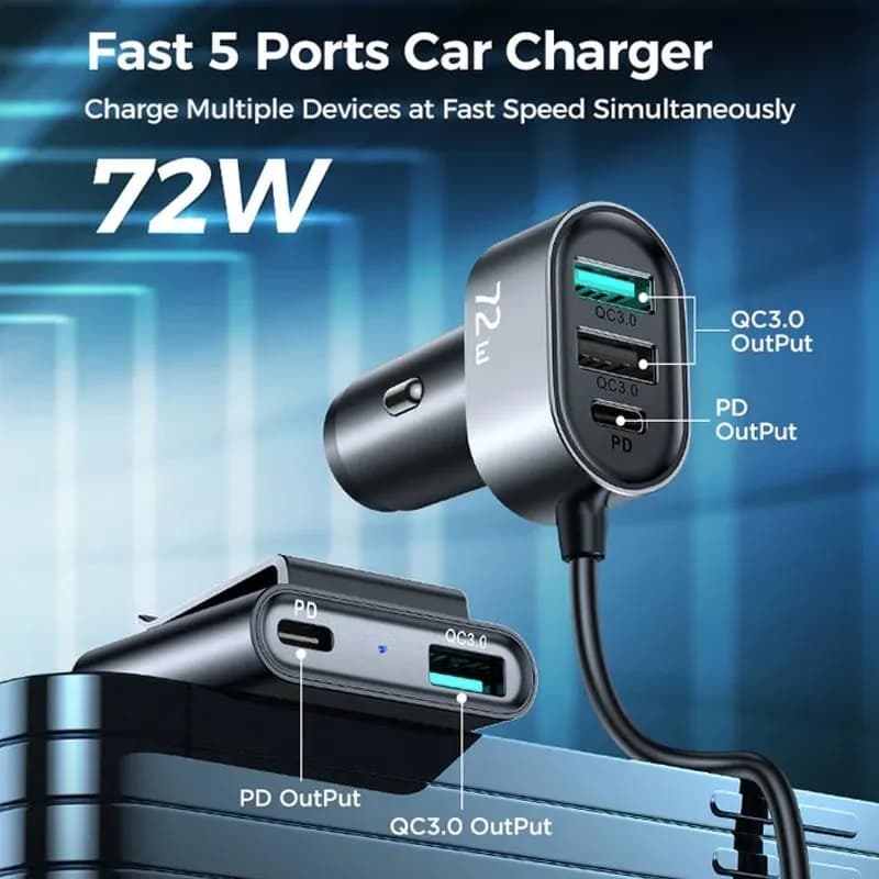 Изображение Автомобильное зарядное устройство Joyroom JR-CL05 75W 5 Multi-port 2PD+3QC3.0 / Type-C USB-C+3USB 1.5м черное фото Автомобильное зарядное устройство Joyroom JR-CL05 75W 5 Multi-port 2PD+3QC3.0 / Type-C USB-C+3USB 1.5м черное