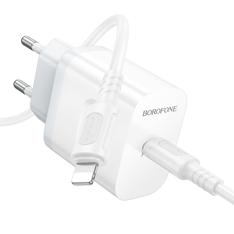 фото Сетевое зарядное устройство + кабель для iphone Lightning to Type-C Borofone BA99A PD 20W 1м белый