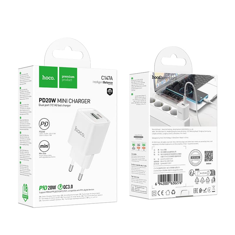 фото Сетевое зарядное устройство Адаптер Блок питания HOCO C147A PD 20W+QC3.0 / Type-C USB-C+USB белое