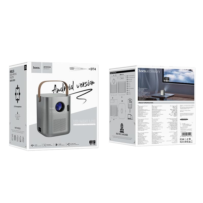 Проектор HOCO DT4 Smart projector 2.69d 720P WiFi 2.4+5G BT5.1 (Android version) серый металл