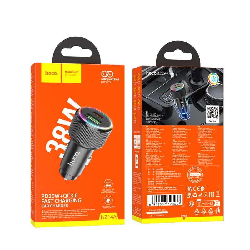 Изображение Автомобильное зарядное устройство HOCO NZ14A 38W PD 20W+QC3.0 / Type-C USB-C+USB черное фото Автомобильное зарядное устройство HOCO NZ14A 38W PD 20W+QC3.0 / Type-C USB-C+USB черное