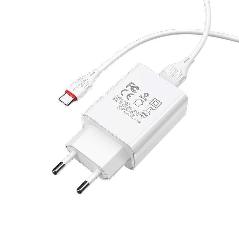 фото Сетевое зарядное устройство + кабель Type-C Borofone BA21A 1USB QC3.0 18W белый