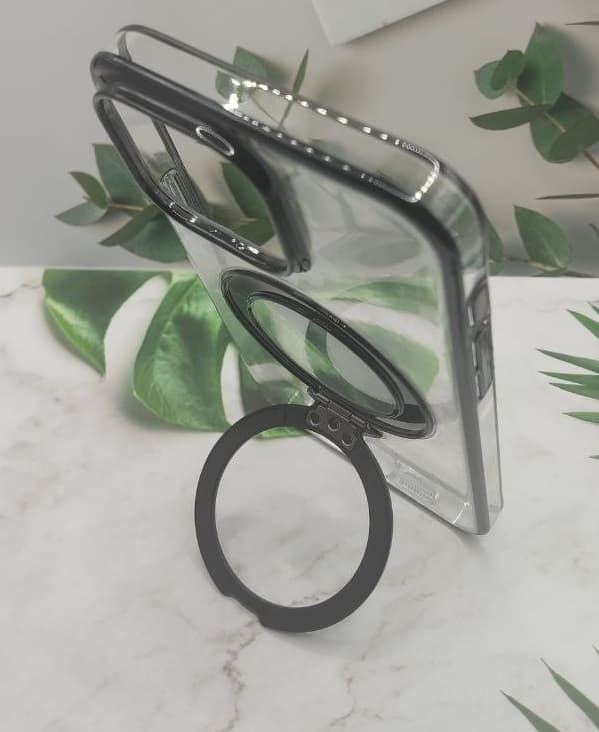 фото Чехол накладка для iphone 16 Pro Max (6.9) SULADA Ring силикон+пластик прозрачный с черным бампером с магнитом для magsafe и кольцом держателем