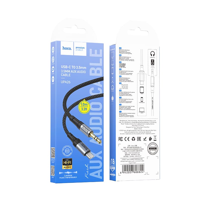 Кабель Aux Jack 3.5 - Type-C USB-C HOCO UPA26 1м плетеный черный Кабель Aux Jack 3.5 - Type-C USB-C HOCO UPA26 1м плетеный черный