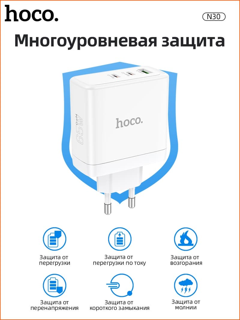 фото Сетевое зарядное устройство + кабель Type-C to Type-C HOCO N30 2PD+QC3.0 GaN 65W белый
