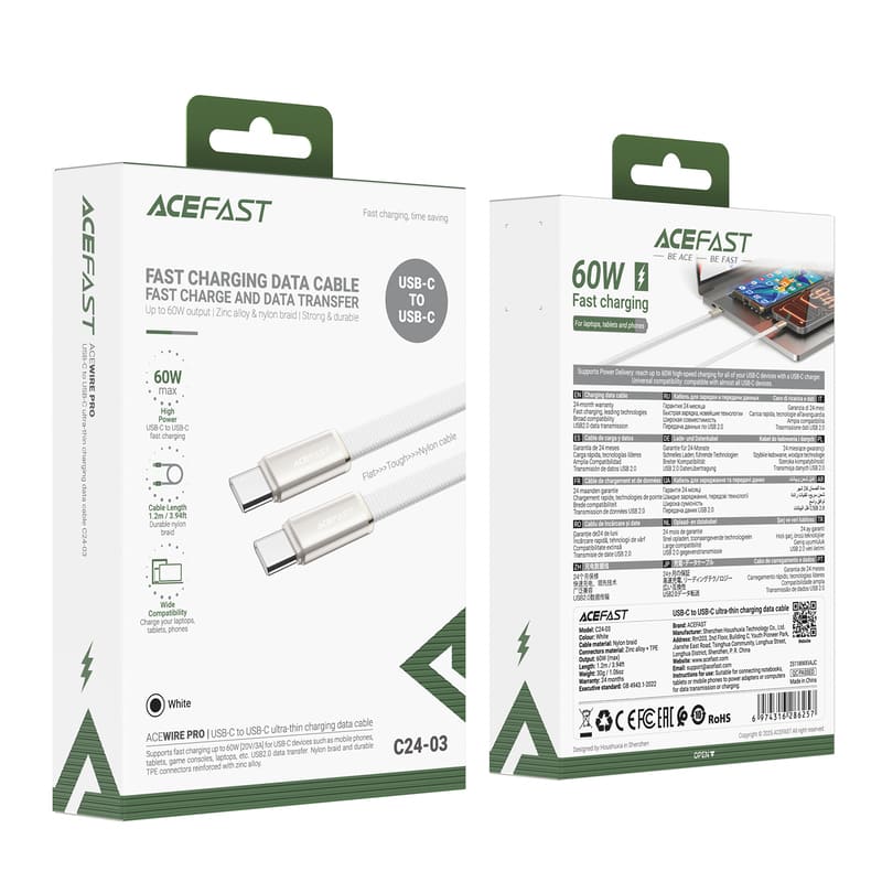 Кабель для зарядки Type-C to Type-C Acefast C24-03 60W 1.2м в тканевой оплетке плоский белый