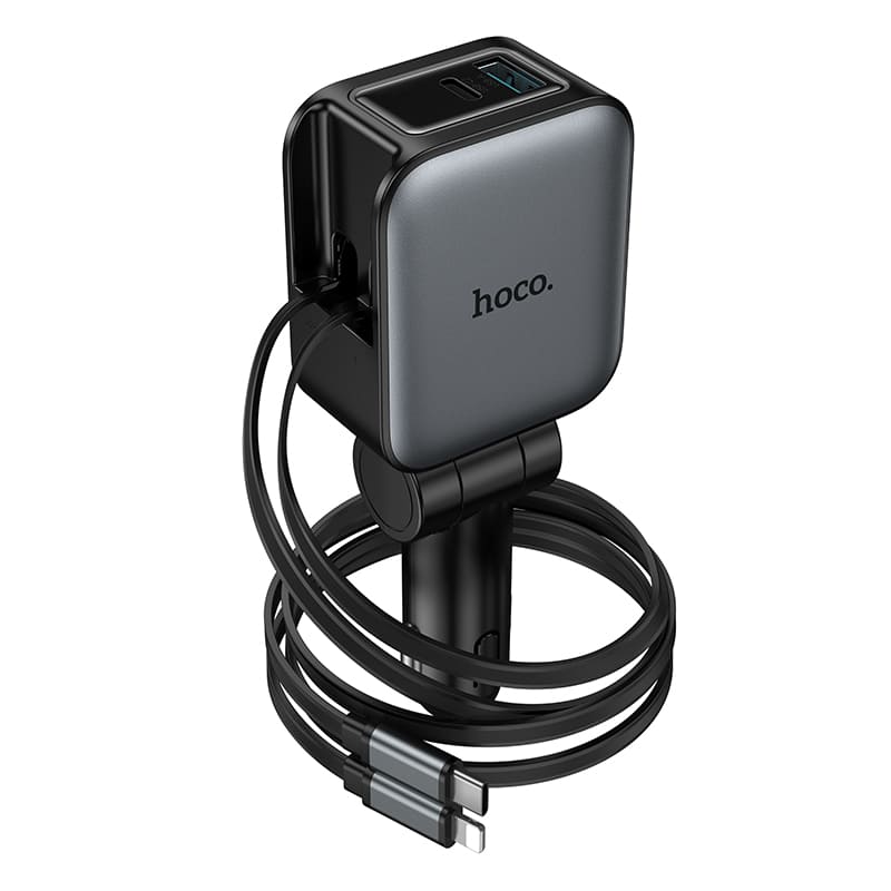 фото Автомобильное зарядное устройство HOCO Z67A 60W 4в1 PD 45W+QC3.0 + выдвижной кабель Type-C USB-C / Lightning 75см с дисплеем серый металл