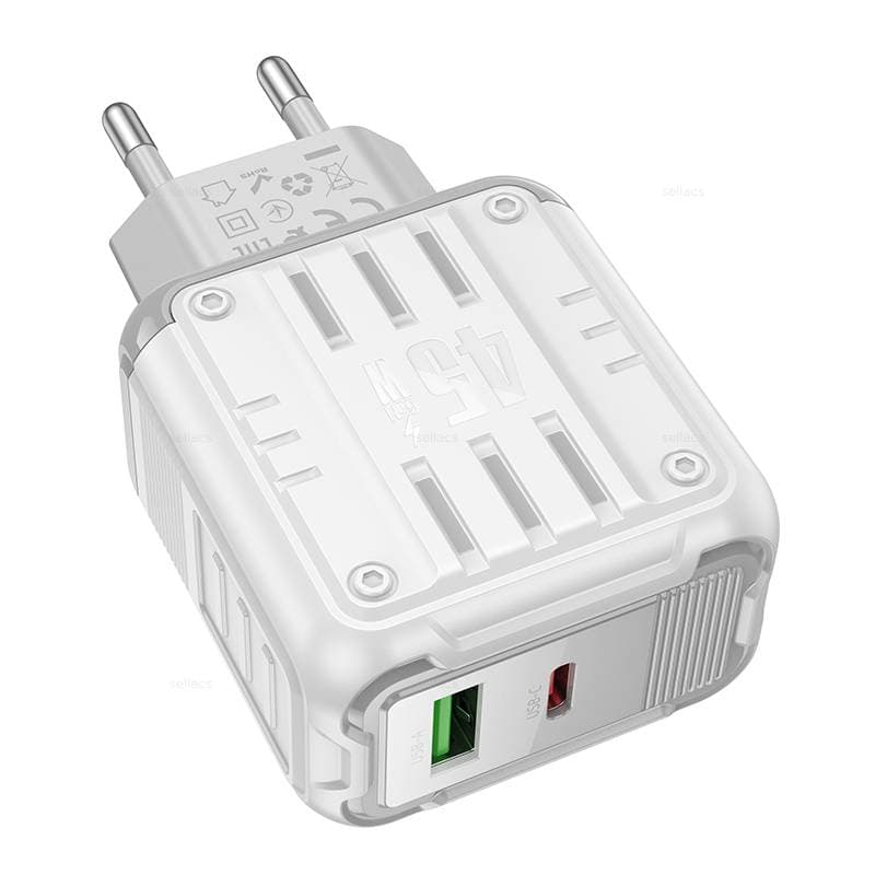 фото Сетевое зарядное устройство Адаптер Блок питания HOCO C136A Rock PD 45W+QC3.0 / Type-C USB-C+USB 3A белое