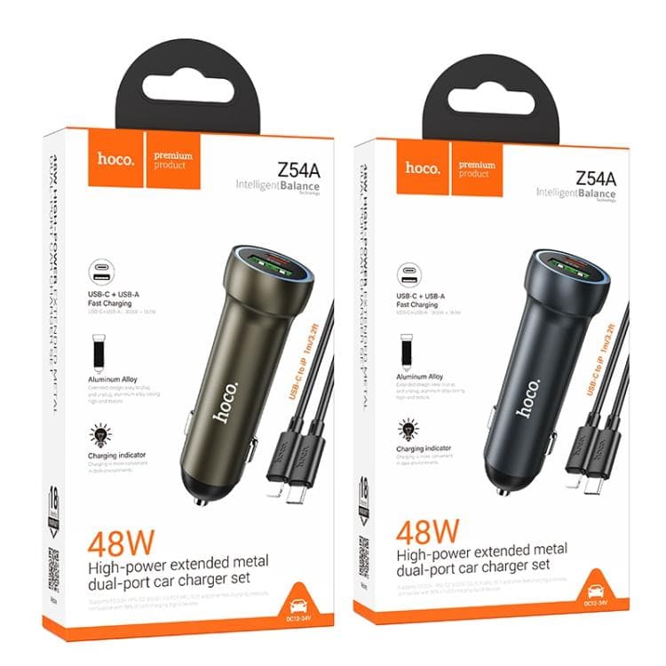 фото Автомобильное зарядное устройство + кабель Type-C to iphone lightning 8 pin HOCO Z54A 48W PD 30W+QC3.0 3A 1м серый металл