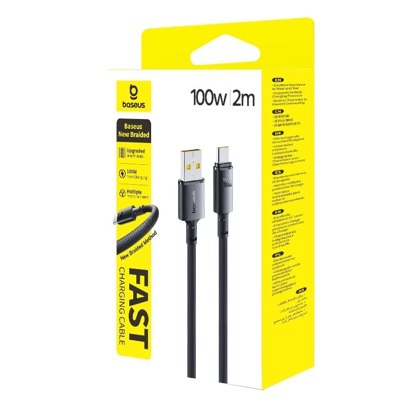 Кабель для зарядки Type-C USB Baseus E0426W02 100W/7.5W 2м в оплетке черный
