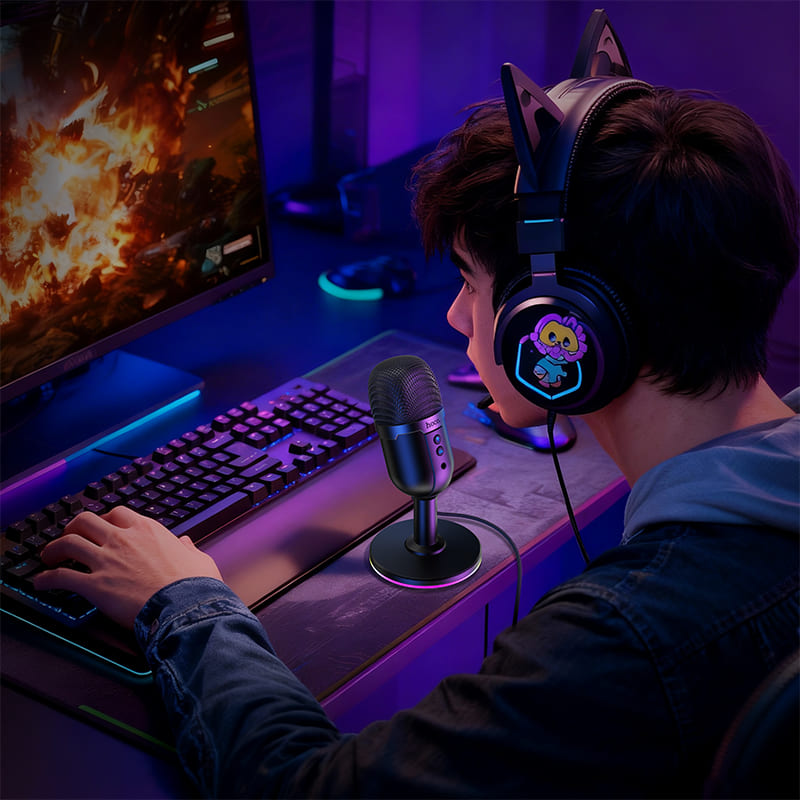 Микрофон компьютерный настольный Игровой стрим HOCO L25 USB 2.0/3.0 RGB подсветка кабель 1.6 м черный