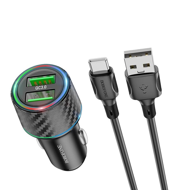 фото Автомобильное зарядное устройство + кабель Type-C USB Borofone BZ21A 36W 2USB QC3.0 1м черный