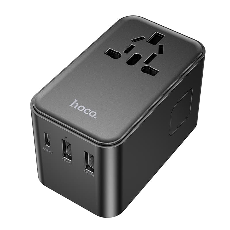 фото Универсальное зарядное устройство адаптер Hoco AC18 Supporter PD35W EU/US/AUS/UK 3 порта / Type-C USB-C+2USB 8A с выдвижным кабелем Type-C USB черный