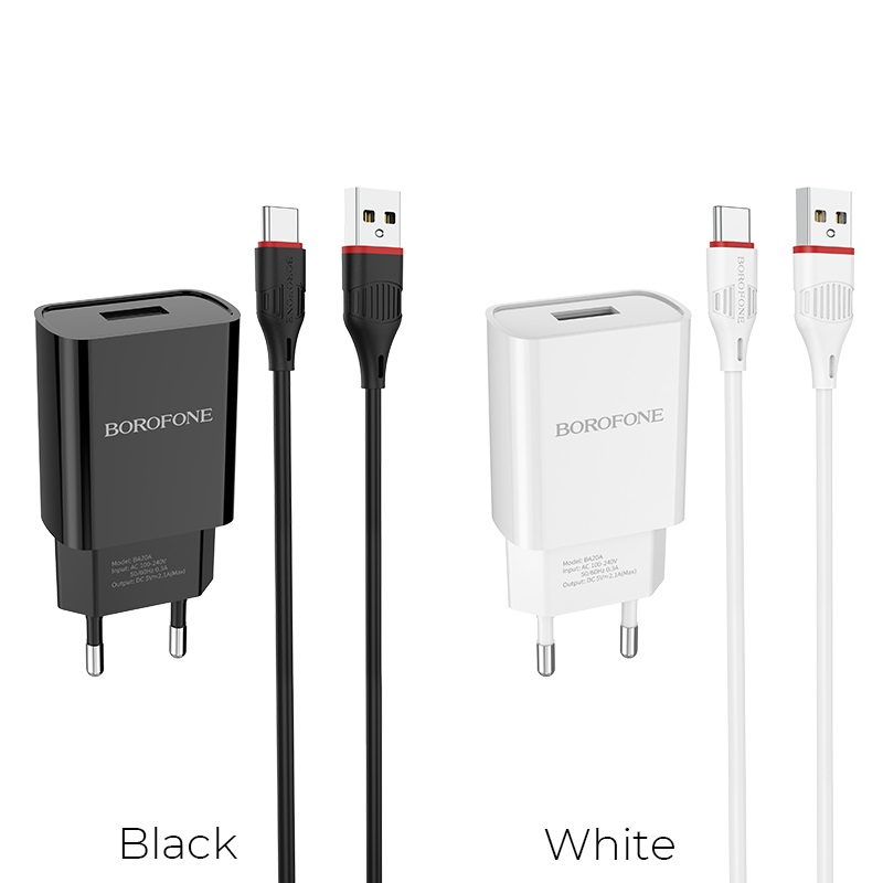 фото Сетевое зарядное устройство + кабель Type-C Borofone BA20A 1USB 2.1A белый
