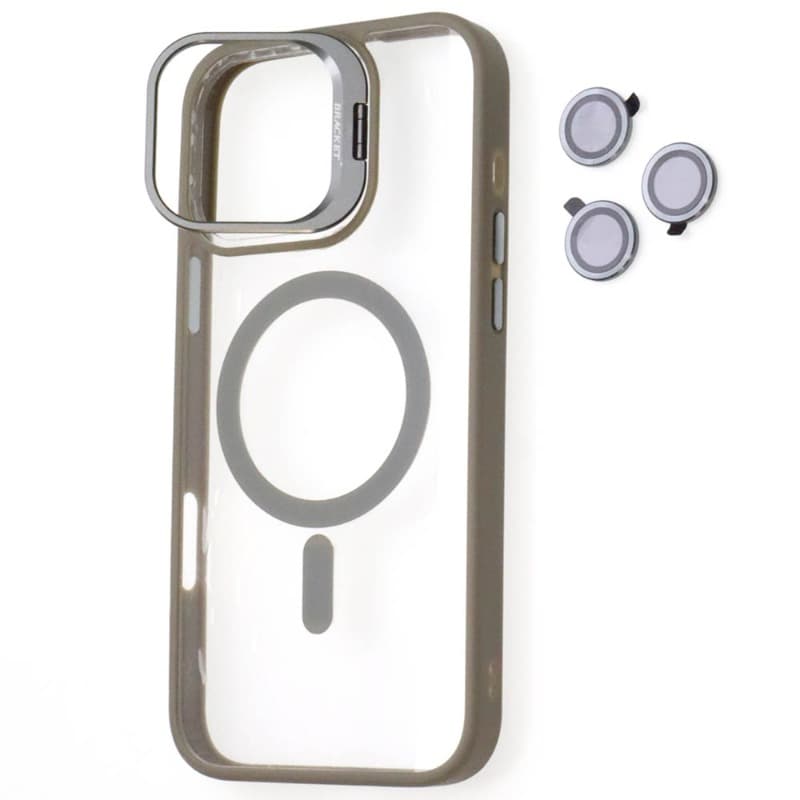 фото Чехол накладка для iphone 15 Pro Max (6.7) Bracket силикон+пластик с магнитом для magsafe+защитные линзы прозрачно-титановая с подставкой держателем