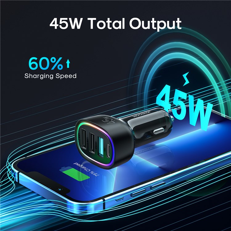 Изображение Автомобильное зарядное устройство Joyroom JR-CL09 PD 45W+QC3.0+2USB 3A / Type-C USB-C+3USB черное фото Автомобильное зарядное устройство Joyroom JR-CL09 PD 45W+QC3.0+2USB 3A / Type-C USB-C+3USB черное