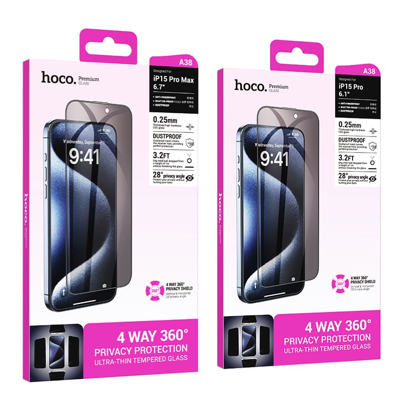фото Защитное стекло для iphone 15 Pro 6.1 HOCO A38 антишпион 360 0.25mm черное