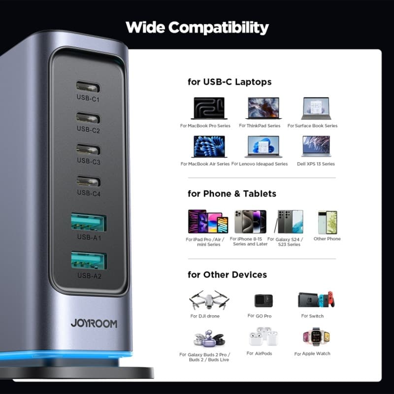 фото Сетевое зарядное устройство Адаптер Блок питания Joyroom JR-TCM02 65W GaN Multi-port PD 4Type-C USB-C+2USB настольный 1.5м темно-серый