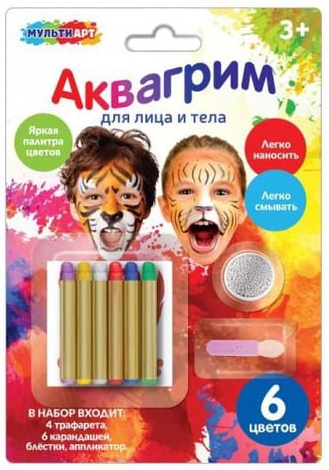 Аквагрим для лица и тела карандаши 6 цветов Мульти Арт Аквагрим для лица и тела карандаши 6 цветов Мульти Арт