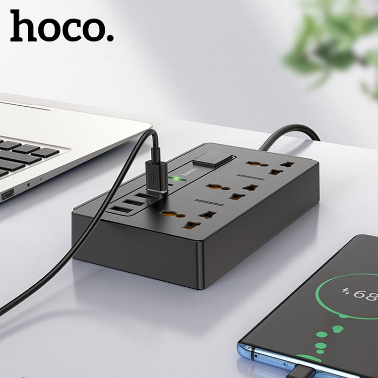 Сетевой фильтр HOCO DC15 3 гнезда + 3USB + USB QC3.0 + PD 18W Type-C USB-C черный