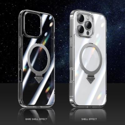 Чехол накладка для iphone 15 Pro Max (6.7) SULADA Ring силикон+пластик прозрачный с серебряным бампером с магнитом для magsafe и кольцом держателем