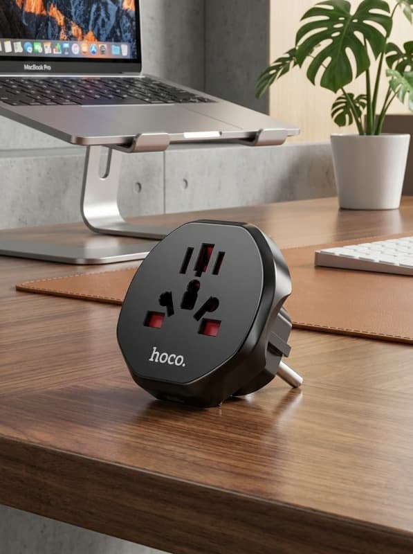 фото Сетевой переходник адаптер для евророзетки Hoco AC6 10А 250В черный