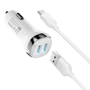 Автомобильное зарядное устройство + кабель Type-C USB HOCO Z40 2USB 2,4A белый