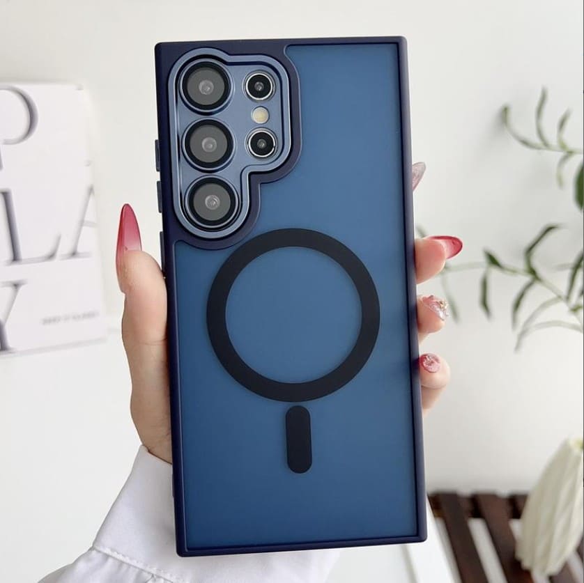 фото Чехол накладка для Samsung S24 Ultra силикон+пластик прозрачно-матовая с магнитом для magsafe синяя