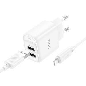 Сетевое зарядное устройство + кабель для iphone Lightning HOCO C141A 2USB 2.1A 1м белый