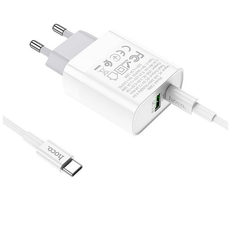 фото Сетевое зарядное устройство + кабель Type-C to Type-C HOCO C80A PD 20W+QC3.0 1м белый