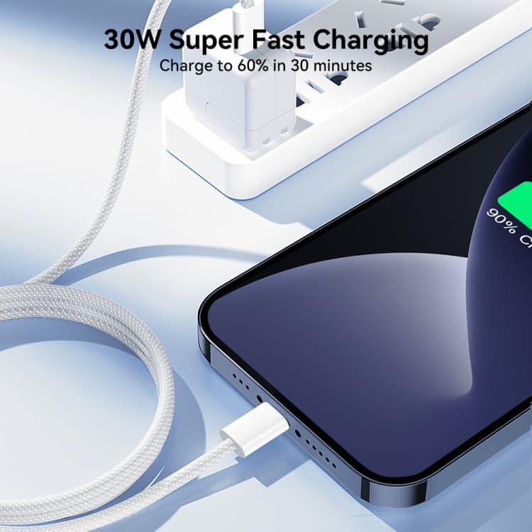 Кабель для зарядки iP Lightning to Type-C Joyroom S-A45 PD 30W 1м в нейлоновой оплетке белый Кабель для зарядки iP Lightning to Type-C Joyroom S-A45 PD 30W 1м в нейлоновой оплетке белый