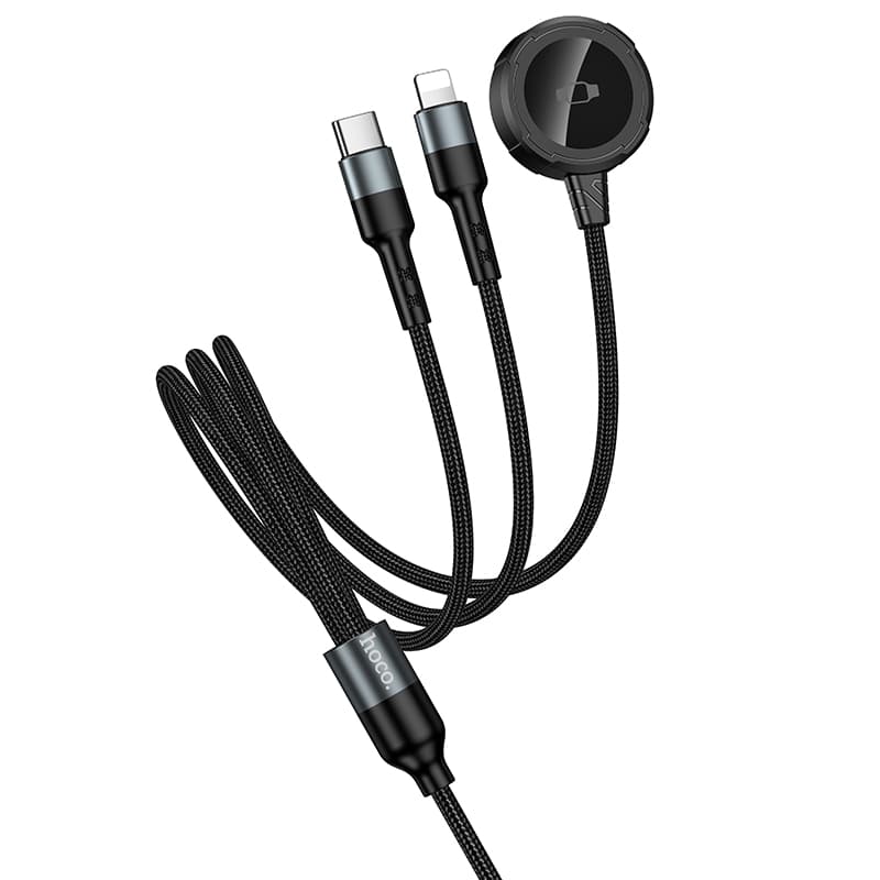 Кабель для зарядки 3 в 1 Lightning 2.4A/Type-C 2A/iWatch 2.5W HOCO CW64 1.2м в тканевой оплетке черный