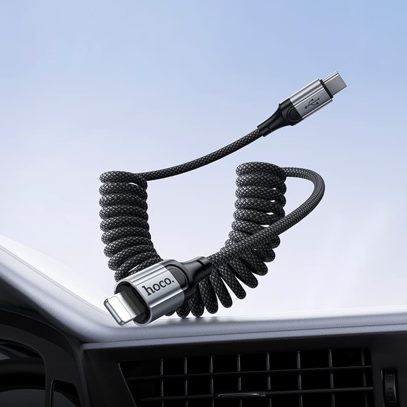 Кабель для зарядки iP Lightning to Type-C HOCO X121 PD 27W 1.5м пружина в оплетке черный