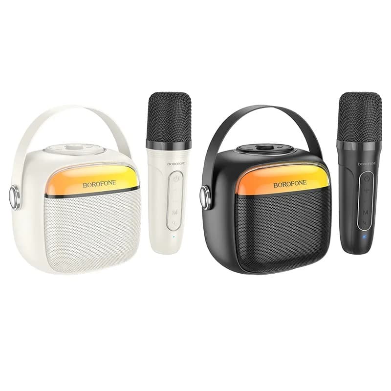 Колонка блютуз с микрофоном караоке Borofone BP15 LED Mini Karaoke молочно-белая 1500mAh