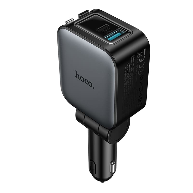 фото Автомобильное зарядное устройство HOCO Z67A 60W 4в1 PD 45W+QC3.0 + выдвижной кабель Type-C USB-C / Lightning 75см с дисплеем серый металл