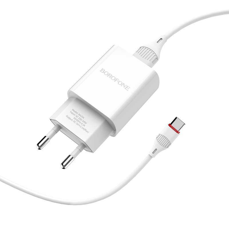 фото Сетевое зарядное устройство + кабель Type-C Borofone BA20A 1USB 2.1A белый