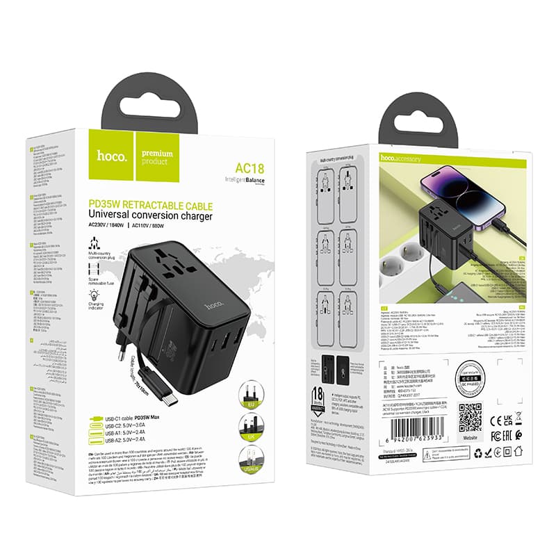 фото Универсальное зарядное устройство адаптер Hoco AC18 Supporter PD35W EU/US/AUS/UK 3 порта / Type-C USB-C+2USB 8A с выдвижным кабелем Type-C USB черный