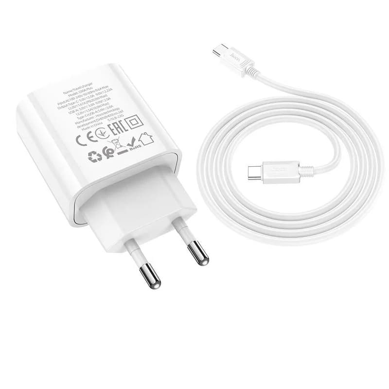 фото Сетевое зарядное устройство + кабель Type-C to Type-C HOCO C80A Plus PD 20W+QC3.0 3A белый