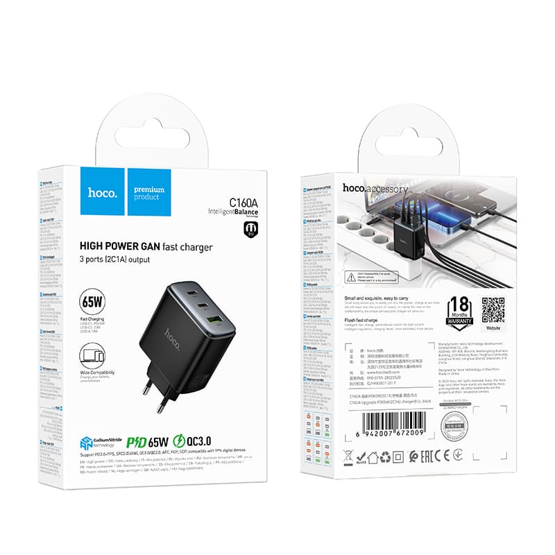 фото Сетевое зарядное устройство Адаптер Блок питания HOCO C160A PD 65W+QC3.0 / 2 Type-C USB-C+USB черное