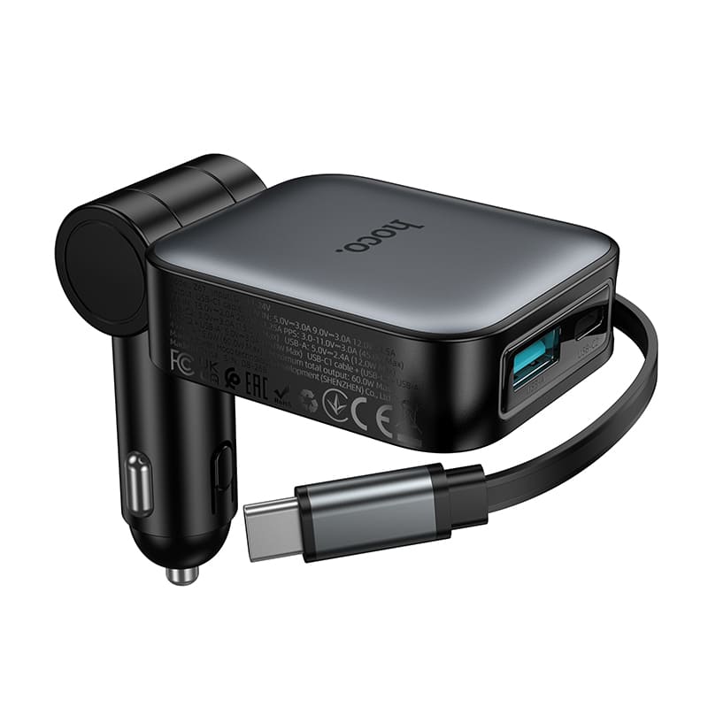 фото Автомобильное зарядное устройство + выдвижной кабель Type-C HOCO Z67 60W PD 45W+QC3.0 75см серый металл