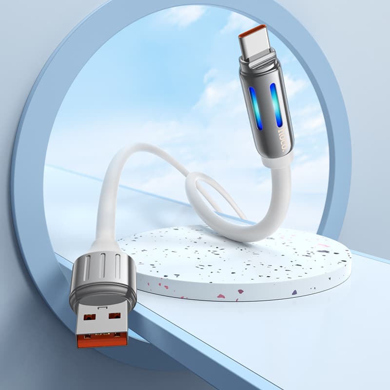 Кабель для зарядки Type-C USB HOCO U136 5A 1.2m RGB подсветка прочный силиконовый белый Кабель для зарядки Type-C USB HOCO U136 5A 1.2m RGB подсветка прочный силиконовый белый