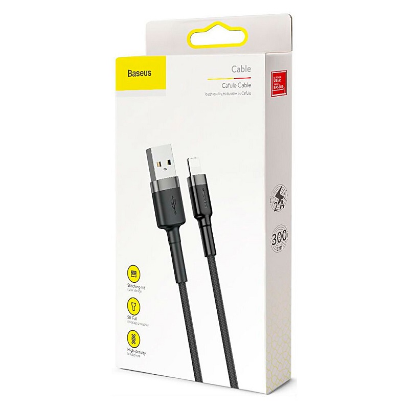 Кабель для зарядки iphone Lightning Baseus Cafule CALKLF-RG1 2A 3м черно-серый Кабель для зарядки iphone Lightning Baseus Cafule CALKLF-RG1 2A 3м черно-серый