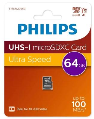 Карта памяти Philips Micro SDXC Class 10 100MB/s UHS-I U3 V30 A1 64Gb без адаптера FM64MD55B