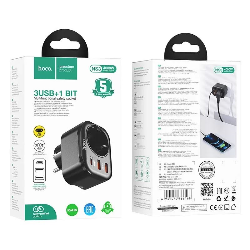 Сетевой фильтр HOCO NS3 1 гнездо + PD 20W + 2USB QC3.0 18W черный
