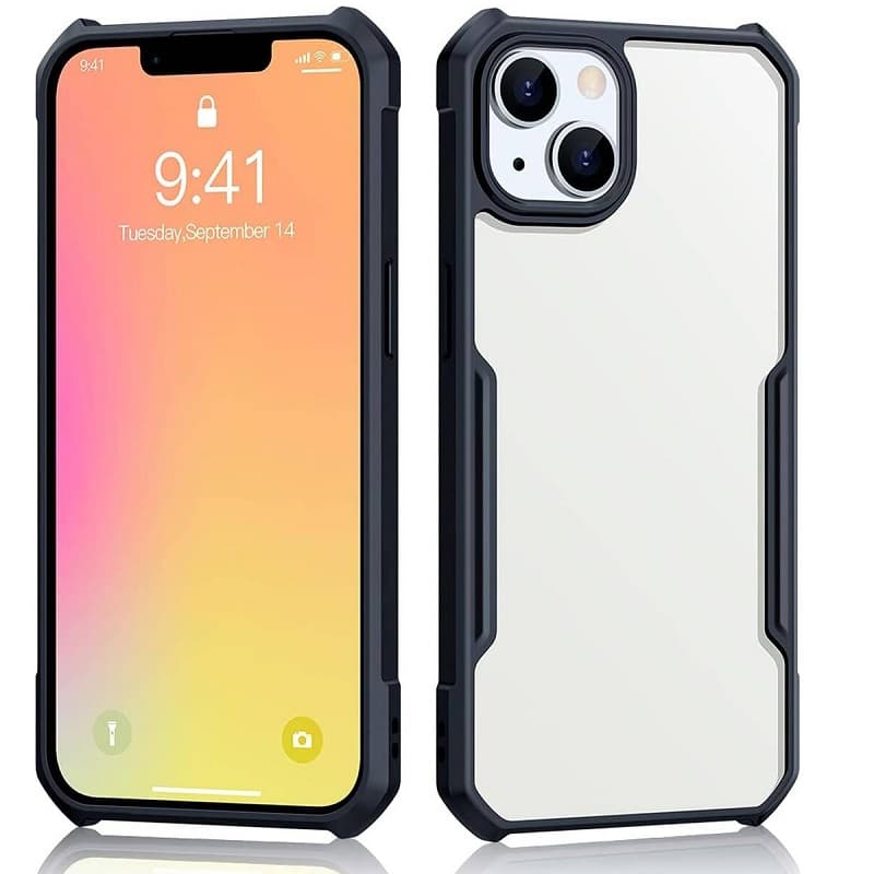 фото Чехол накладка для iphone 16 (6.1) силикон+пластик с защитой камеры прозрачная с черным бампером и защищенными углами