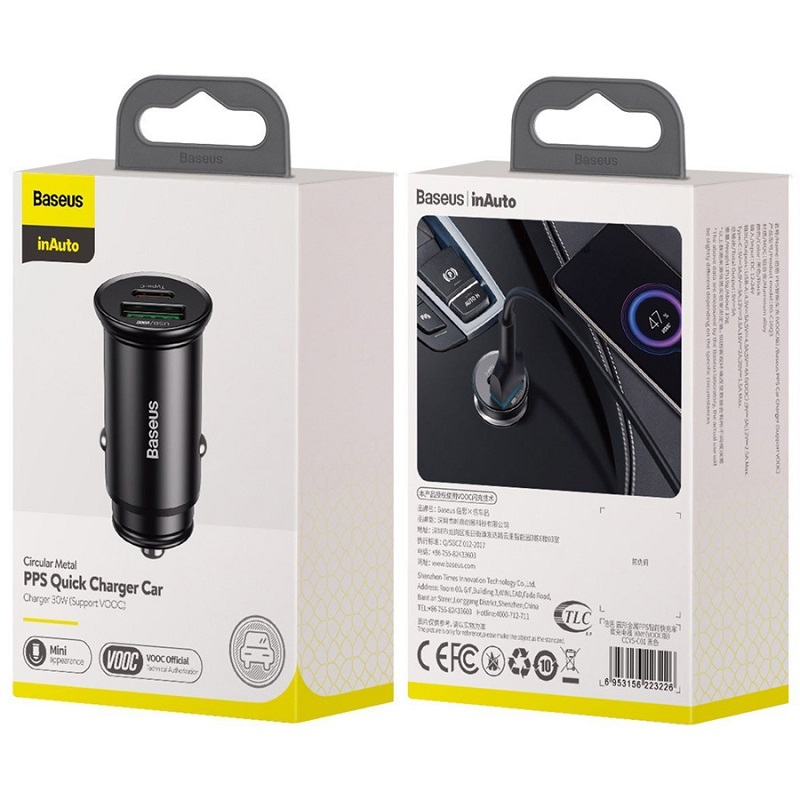 Изображение Автомобильное зарядное устройство Baseus Circular Metal PD3.0 30W+QC3.0 QC4.0 PPS / Type-C USB-C+USB черное CCYS-C01 фото Автомобильное зарядное устройство Baseus Circular Metal PD3.0 30W+QC3.0 QC4.0 PPS / Type-C USB-C+USB черное CCYS-C01