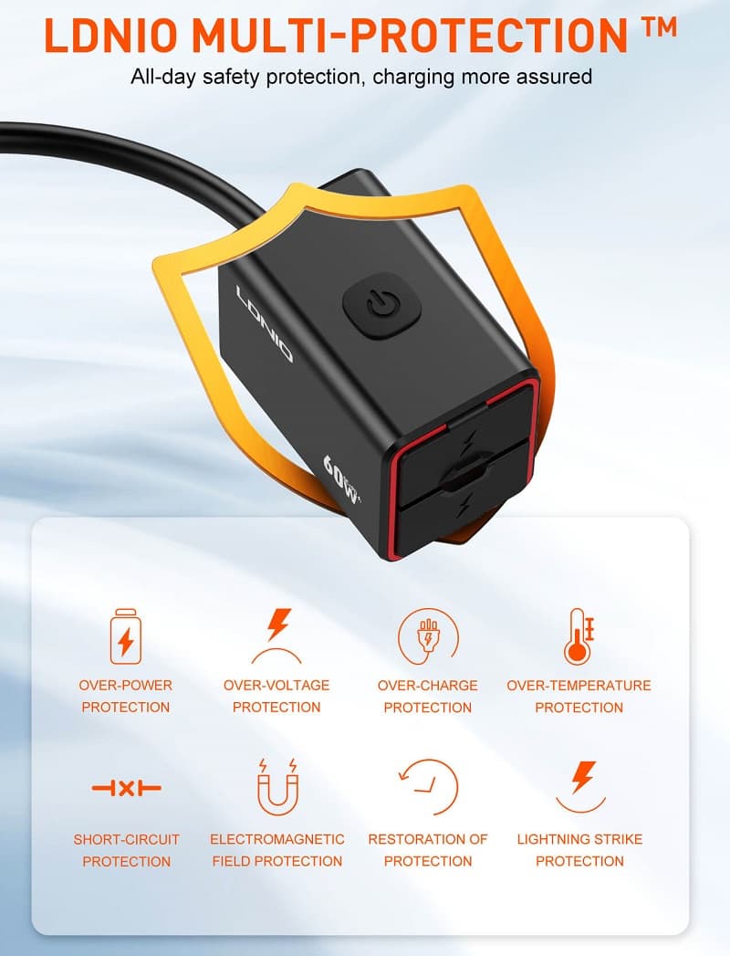 фото Зарядное устройство для мотоцикла LDNIO C108 60W PD 30W+QC3.0 + кабель Type-C to Type-C водонепроницаемое IPX6 черное