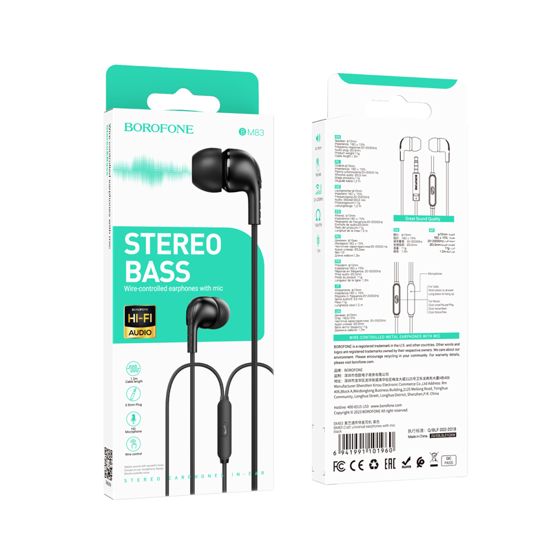 фото Наушники проводные Borofone BM83 с микрофоном Jack 3.5mm 1.2 м черные